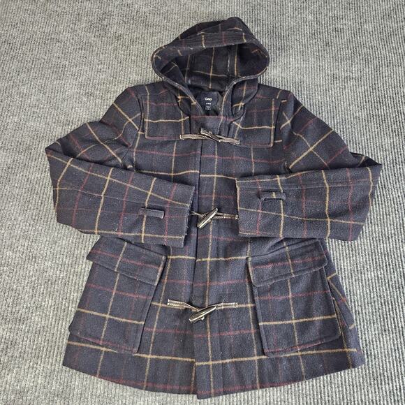 Gap Duffle Coat Womens Small Navy Windowpane Toggle Hooded Wool Blend Fall 2012 - Picture 1 of 13
